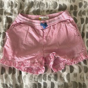 Mini Boden 8y pink pinstriped ruffle shorts